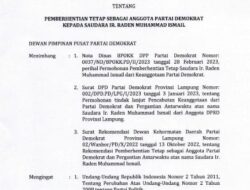 Beredar SK Pemecatan Raden Muhammad Ismail, Partai Demokrat Lampung Segera Bahas PAW